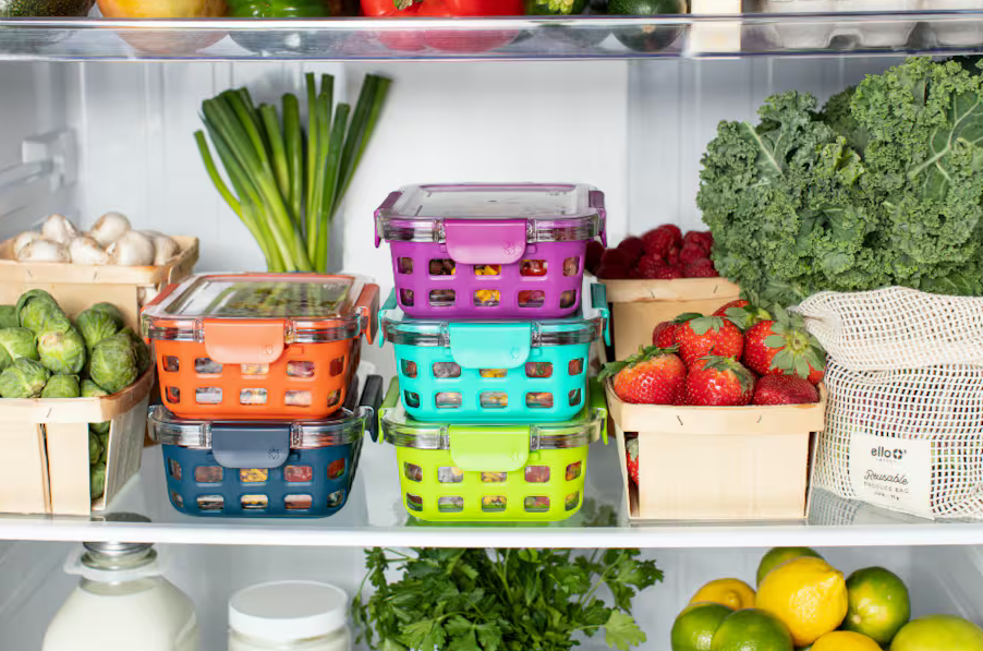 A fridge with food containers depicting leftovers