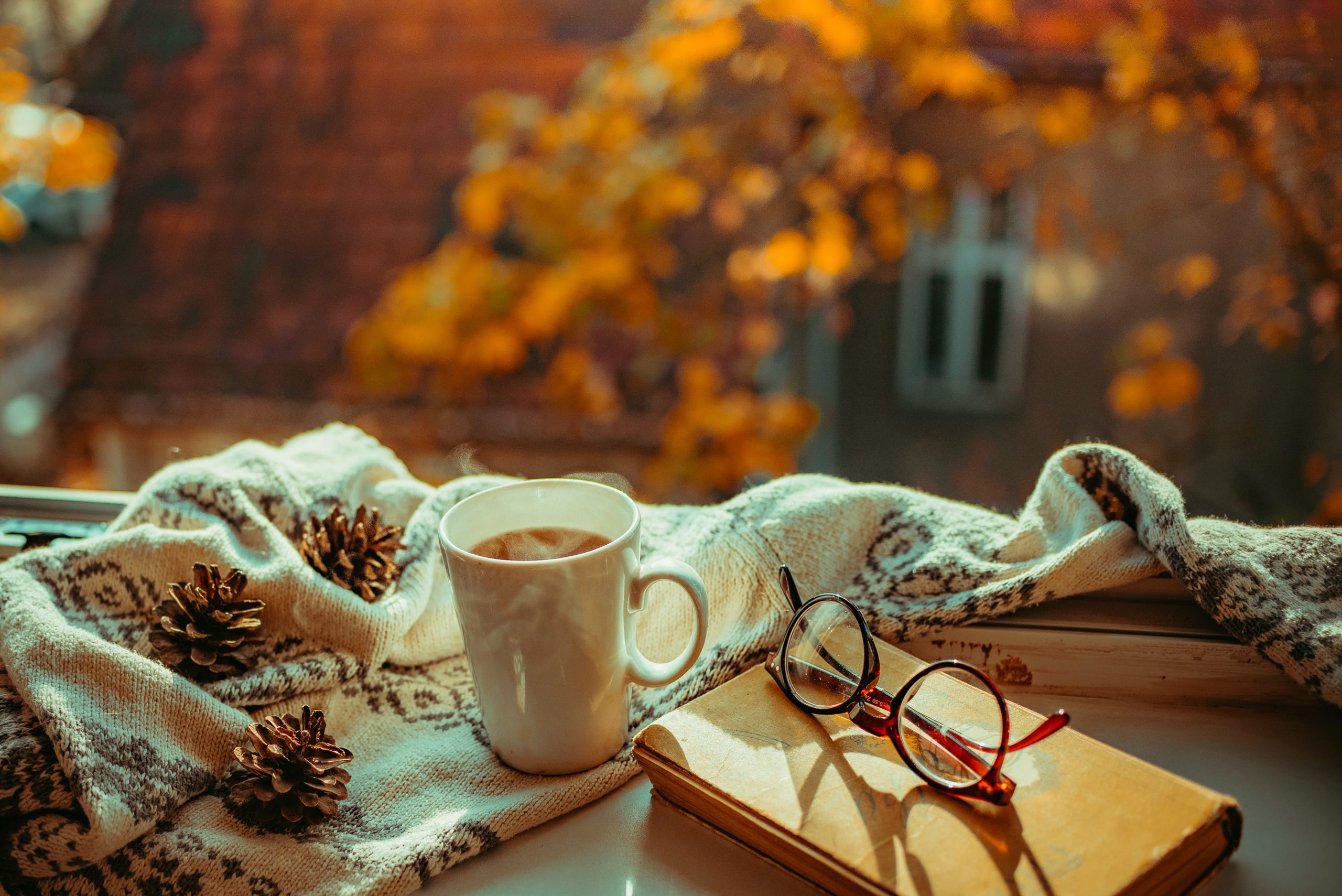 A journal, cup of coffee, and pair of glasses sitting in front of a window with autumn leaves outside.